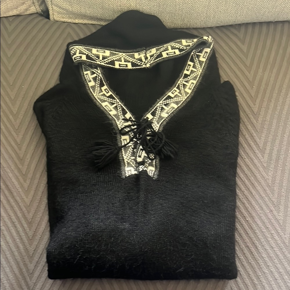 Vintage Black and White Tie Neck Sweater w/ Hood Pattern on Neck, Hood & Sleeves